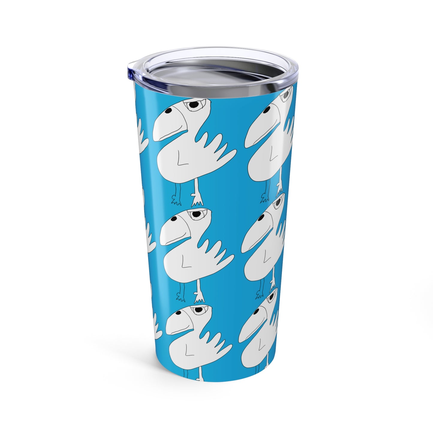 The Printify 1:1 20oz tumbler is a blue stainless steel cup with a fun pattern of cartoon white birds stacked on each other. It’s vacuum insulated and comes with a clear plastic lid.