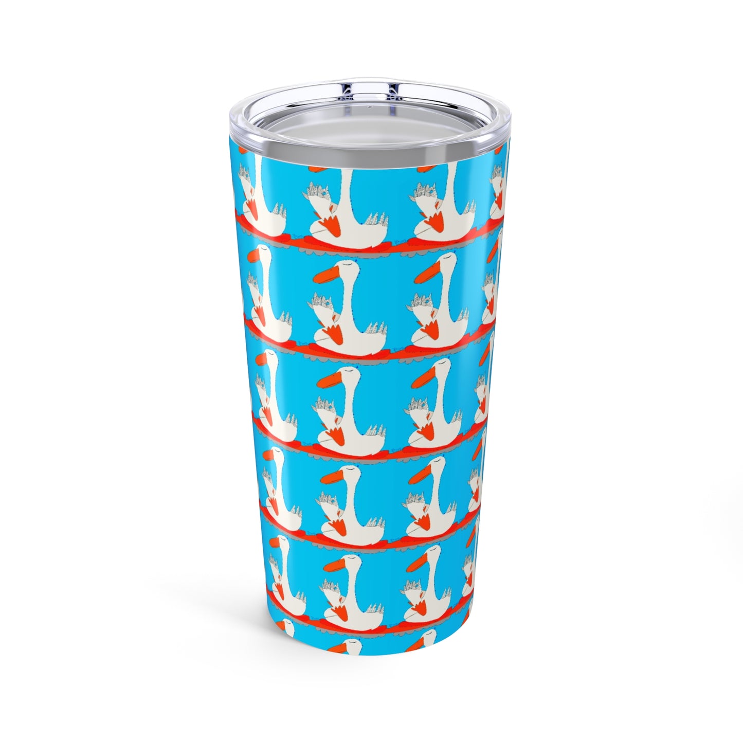 The Printify Many Ducks 20oz Tumbler features rows of crowned, caped white geese on a red surface. Its stainless steel, vacuum insulated design keeps drinks perfectly hot or cold with a whimsical touch.