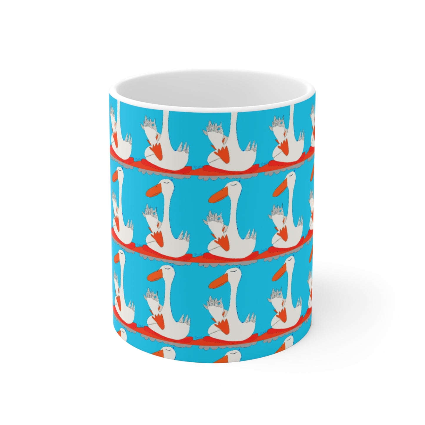 The Printify Many Ducks Mug - 11oz features a white ceramic design with cartoon ducks in blue crowns holding red hearts, all set against a bright blue background.
