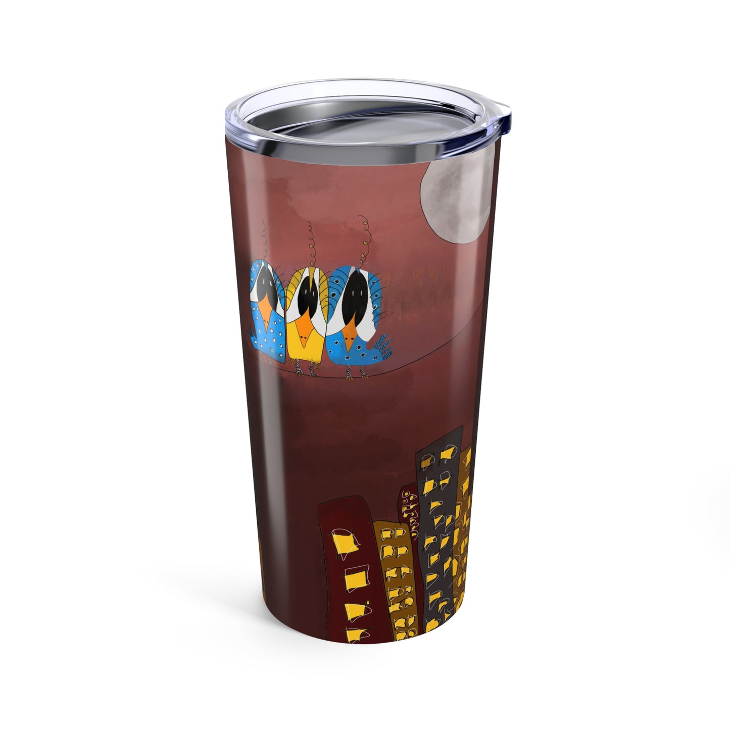 The Printify "Three Birds On A Wire" 20oz tumbler features three colorful birds on a branch under a full moon, perched above city buildings with yellow lights against a dark reddish-brown background.