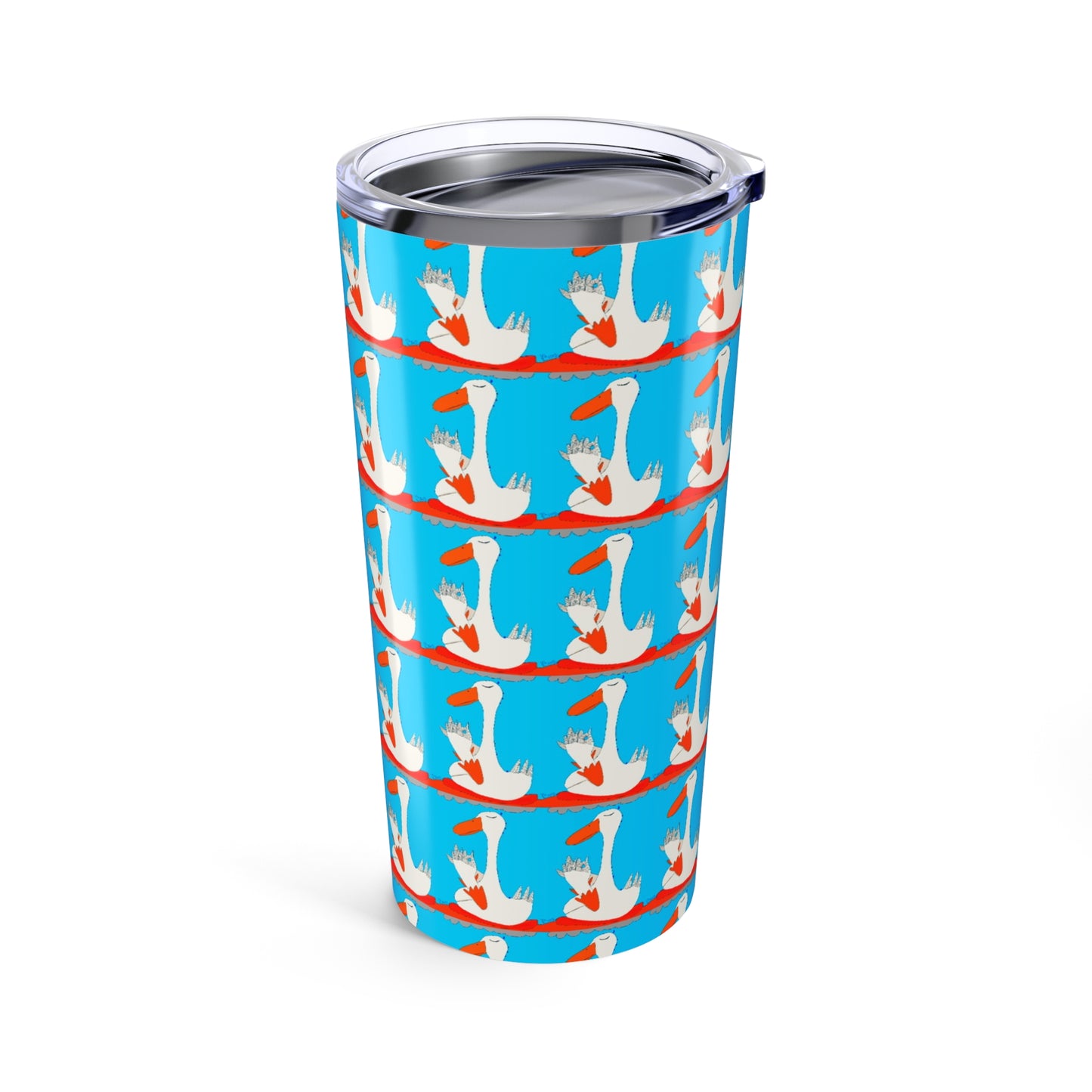 The Printify Many Ducks 20oz Tumbler features a vacuum-insulated stainless steel design with cartoon white geese in blue party hats and red balloons on a bright blue background. Includes a clear plastic lid.