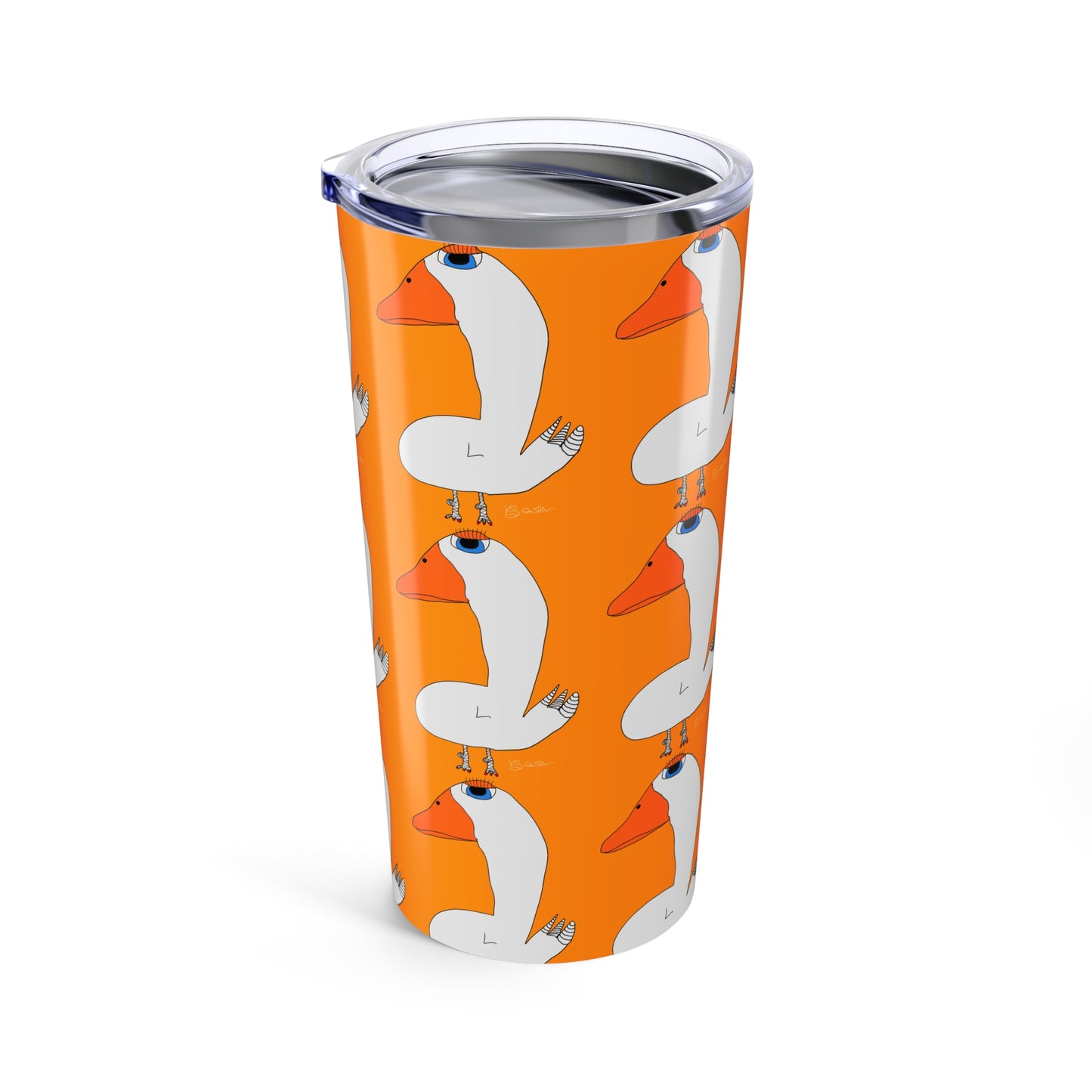 The Printify Duck 20oz Tumbler is a tall, stainless steel cup with double-wall insulation and a clear lid. It features white geese with orange beaks on a bright orange background to keep drinks hot or cold for hours.