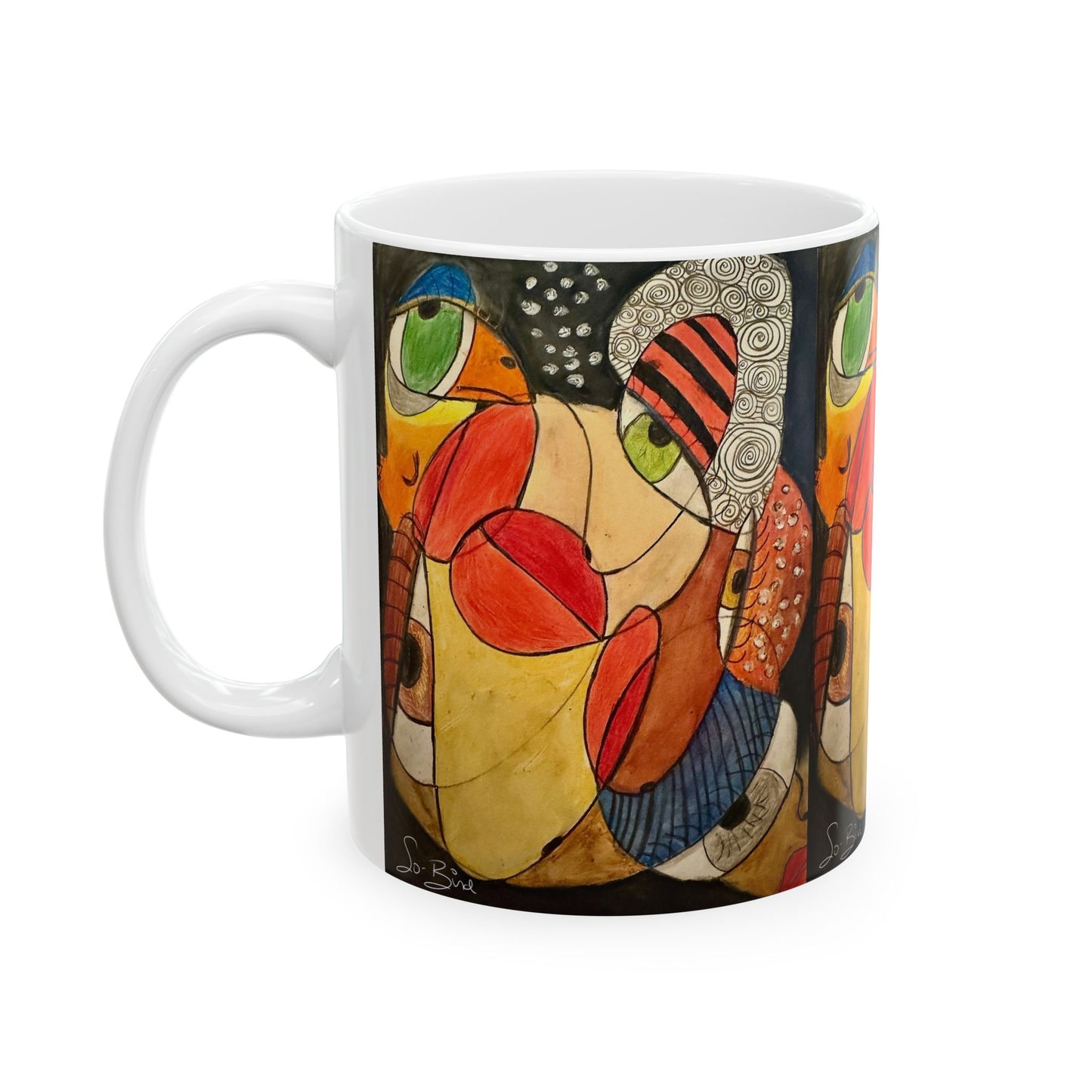 The Printify Ceramic Mug - It's a WE thing Recovery and Sober Gift features vibrant abstract art with overlapping faces, bold red lips, green eyes, and geometric patterns. The artist’s signature appears at the bottom—an inspiring recovery gift.