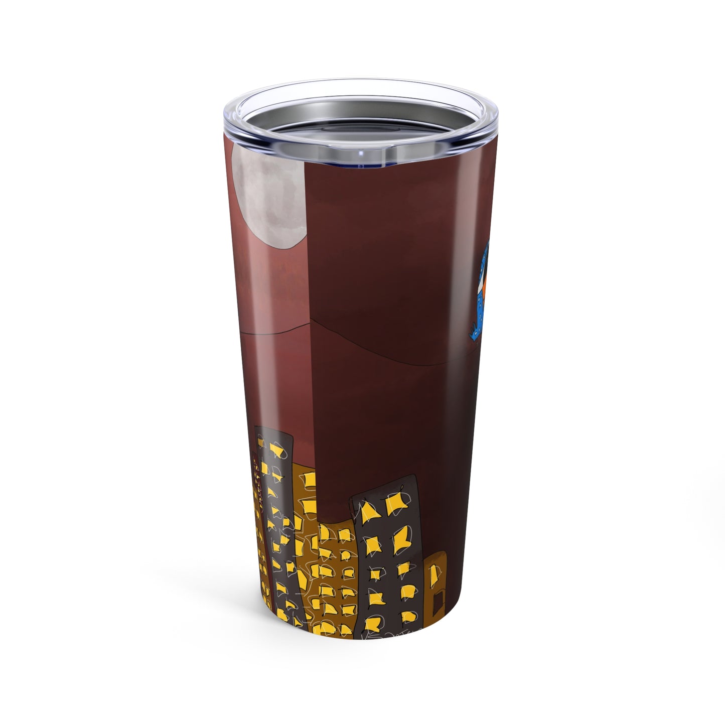 The Three Birds On A Wire 20oz Tumbler by Printify features a nighttime cityscape with glowing yellow windows, a full moon in a dark red sky, blue accents, durable stainless steel construction, and a secure lid.