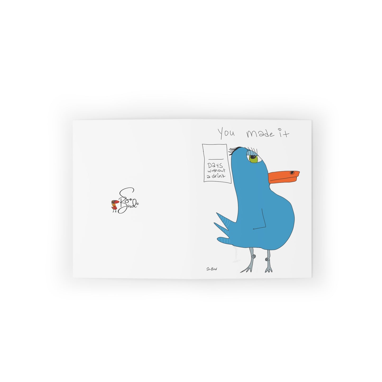 Celebrate milestones with Printify’s Greeting Cards Recovery Celebration, featuring a blue bird and the message "You made it" next to a window marked "Days without incident: 0." A thoughtful recovery card for sending warm wishes.