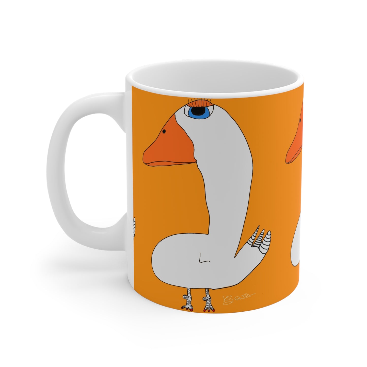 The Printify Duck Mug - 11oz features a quirky long-neck duck with an orange beak and blue eyes on an orange background—a charming sober lifestyle gift for anyone embracing recovery.