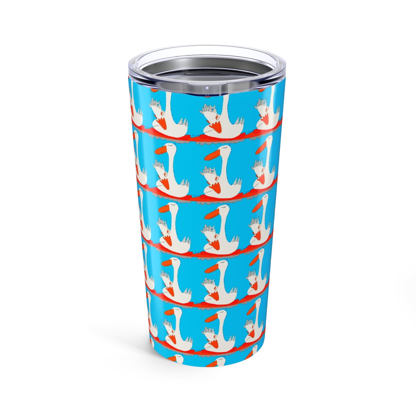The Many Ducks 20oz Tumbler by Printify features a blue background with a repeating pattern of crowned white geese holding red hearts in their beaks, all on durable stainless steel.