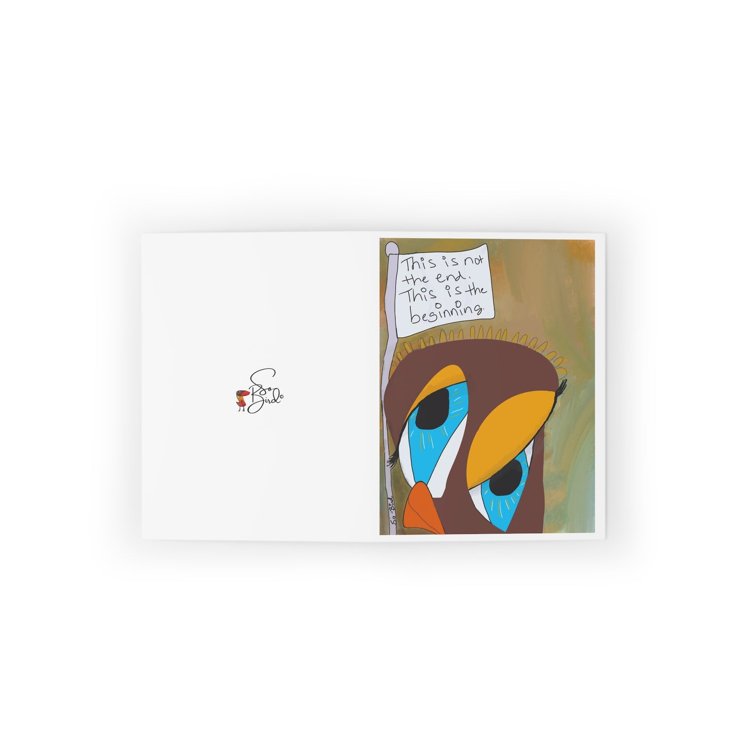The Printify Greeting Cards set features abstract owl designs and uplifting messages like "This is not the end. This is the beginning." Blank inside, they’re perfect for new beginnings. Set of 24 blank cards included.