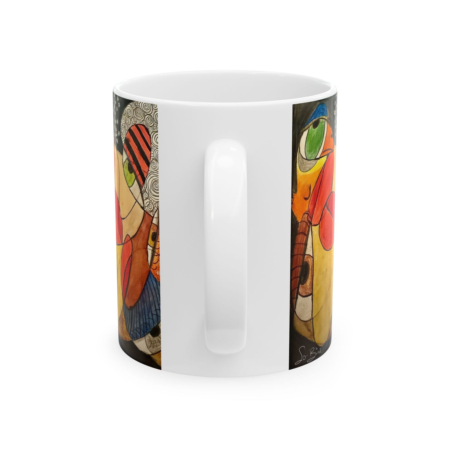 The Printify Ceramic Mug - It's a WE thing Recovery and Sober Gift features vibrant abstract cubist art with bold shapes and faces—an inspiring gift for anyone celebrating sobriety.