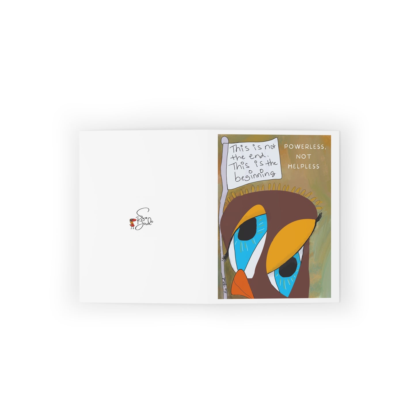 Printify’s “Powerless, not helpless” greeting cards set (8, 16, 24 pcs) features abstract bird art with blue eyes and the message: “This is not the end. This is the beginning. Powerless, not helpless.” Includes red heart and signature for support.