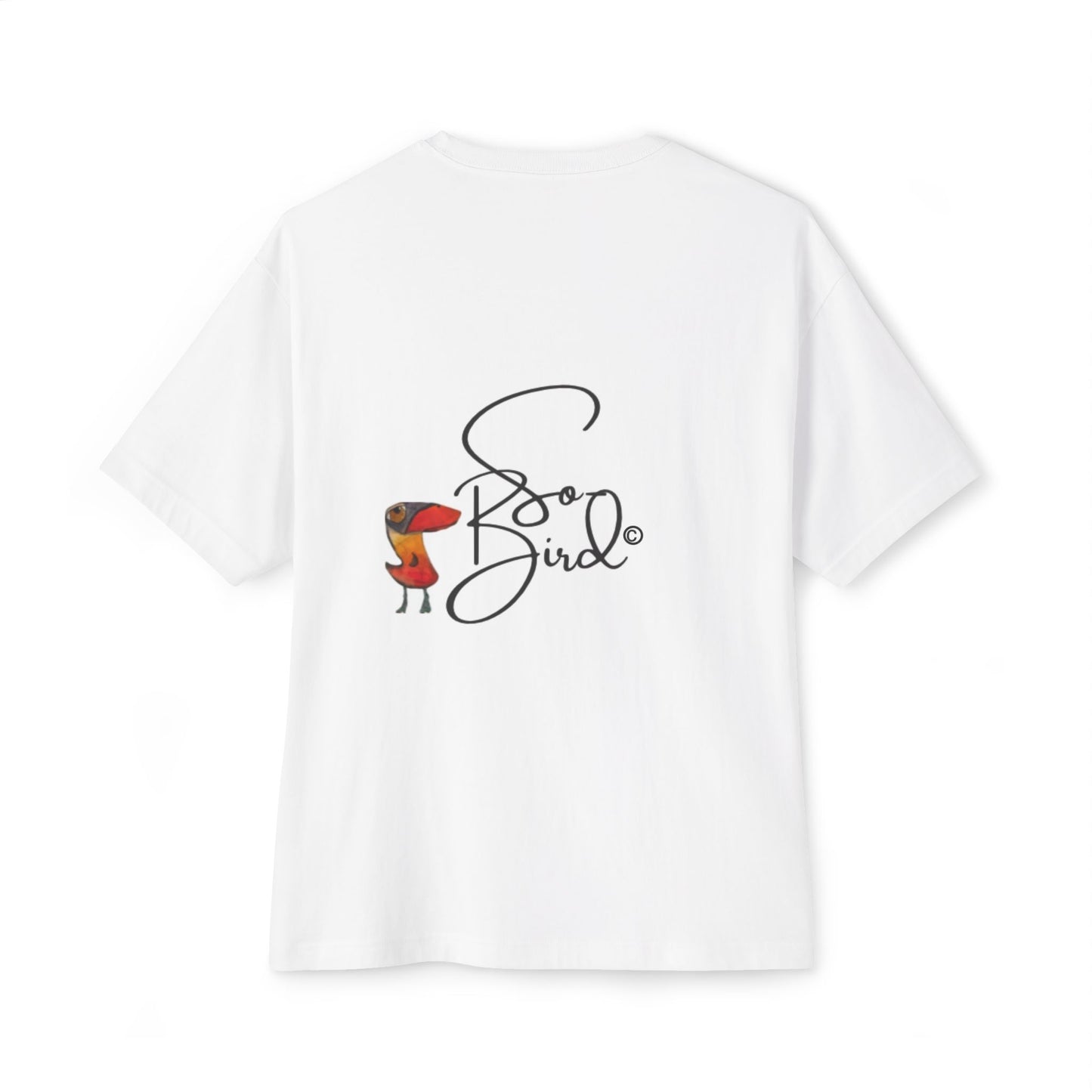 The Recovery Support Unisex Tee by Printify is a white oversized shirt with a small red and brown illustrated bird and bold cursive “Soul Bird” on the back, crafted from comfortable fabric for everyday wear and subtle recovery support.