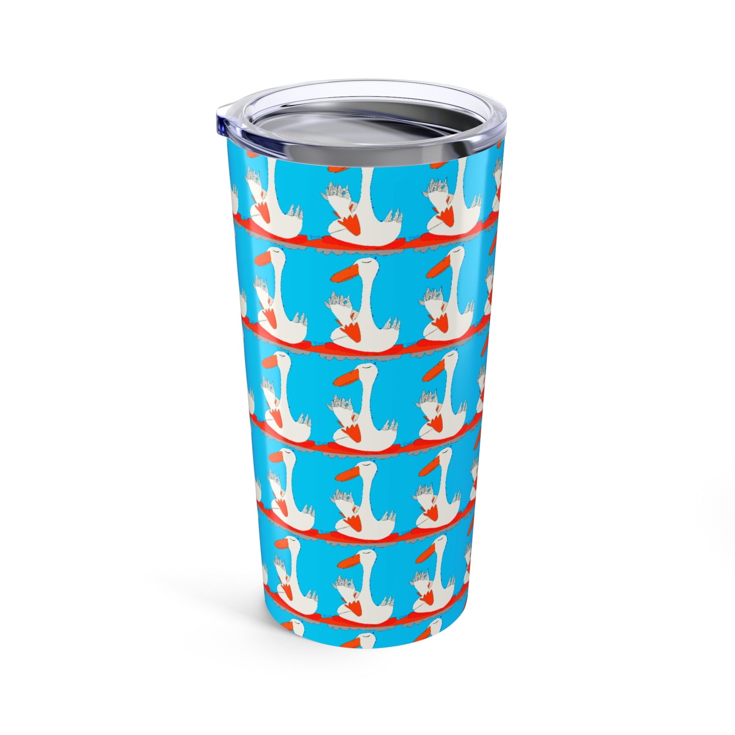 The Many Ducks 20oz Tumbler by Printify features white geese in red scarves and hats on a bright blue background. This stainless steel, vacuum-insulated tumbler includes a clear plastic lid to keep drinks hot or cold longer.