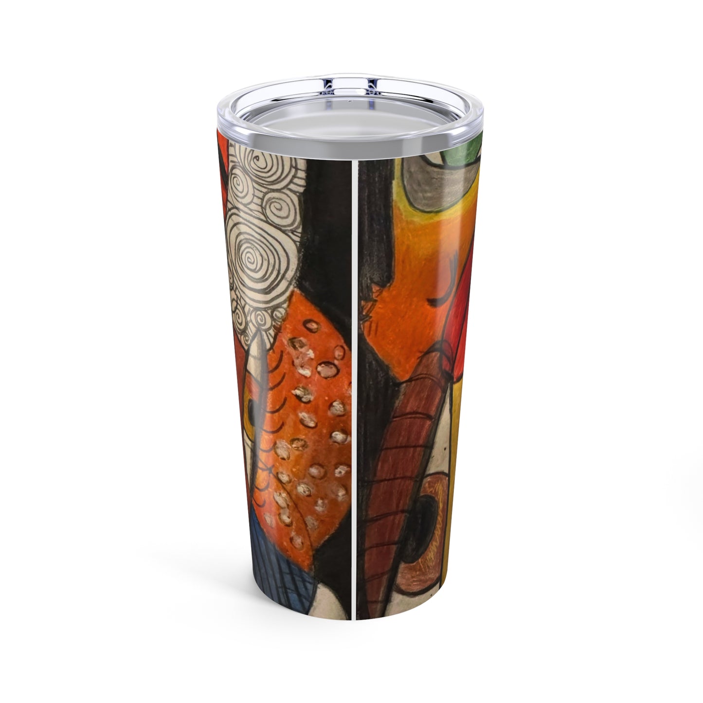 The Printify "It's a WE thing" 20oz stainless steel tumbler features bold, swirling abstract art in orange, red, black, and white. Includes a clear lid and is dishwasher safe.
