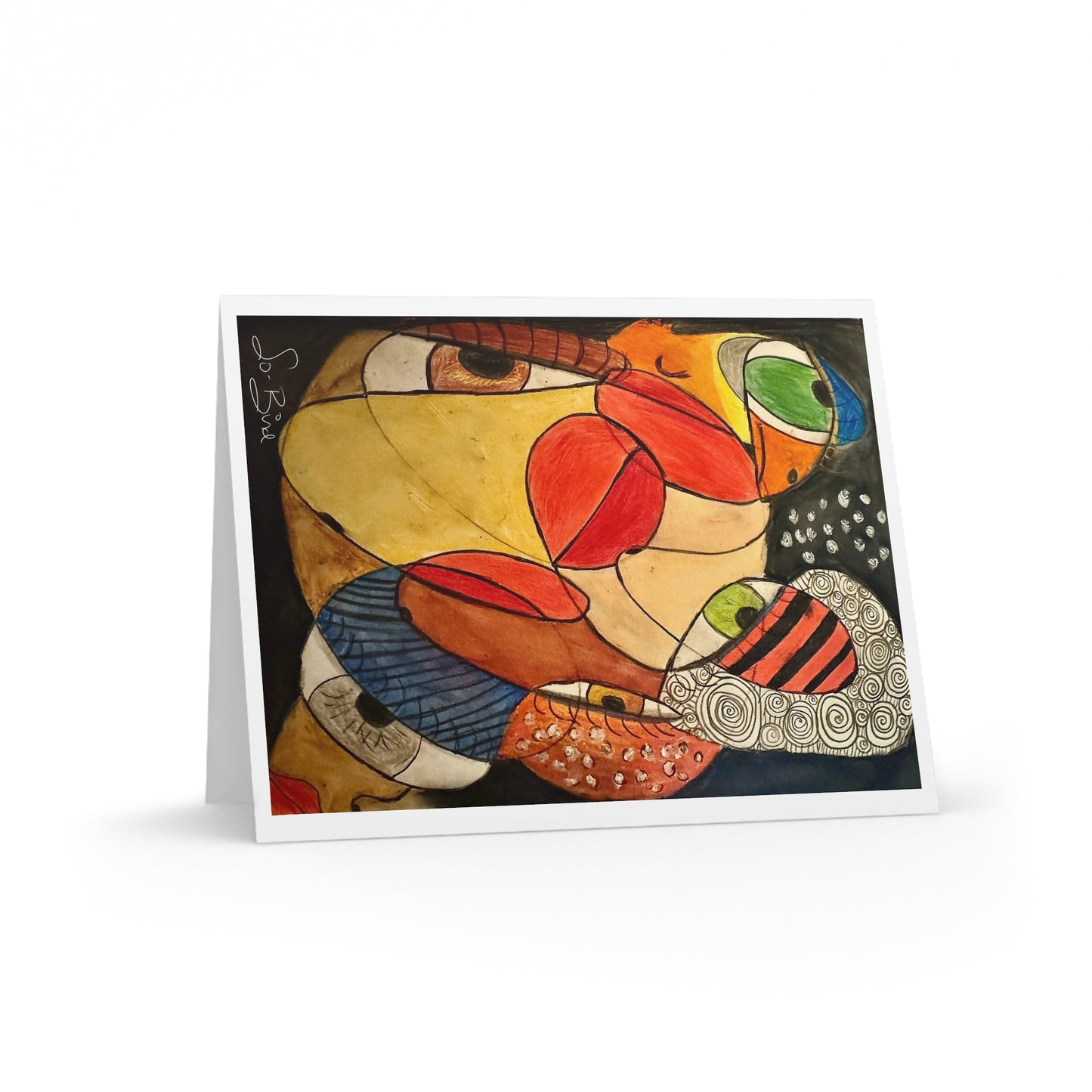The Greeting Card Set - 'We' Thing Friends in Recovery BLANK by Printify features bold, colorful abstract art—swirls, stripes, and dots in red, green, blue, yellow, and black—perfect for sharing encouragement with friends.