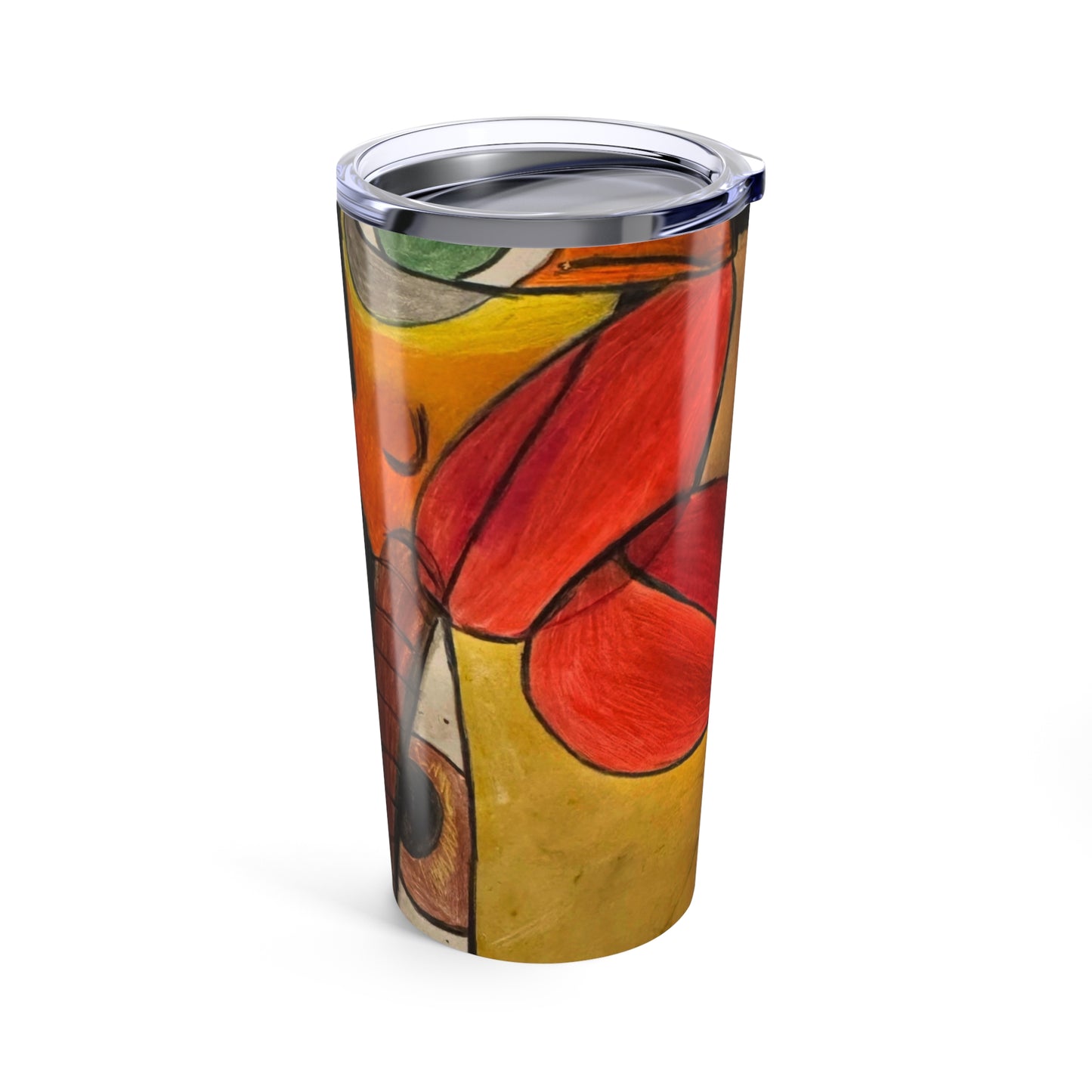 The Printify "It’s a WE thing" 20oz tumbler features an abstract design with bold red, yellow, orange, and green shapes. Vacuum insulated with a clear plastic lid, it keeps drinks hot or cold for longer.