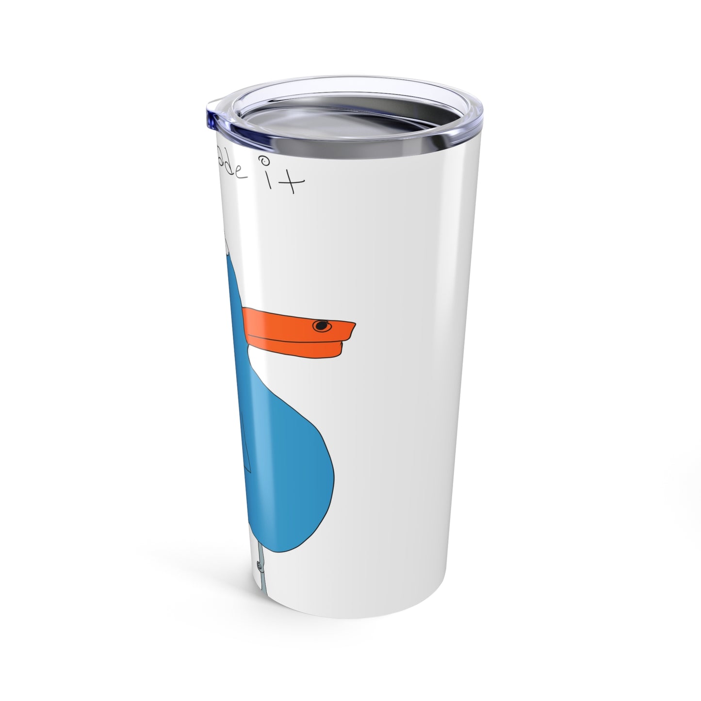 The Recovery Celebration 20 oz Tumbler by Printify is a white stainless steel tumbler with a clear lid, featuring a cartoon-style blue bird with an orange beak and eye on the side.