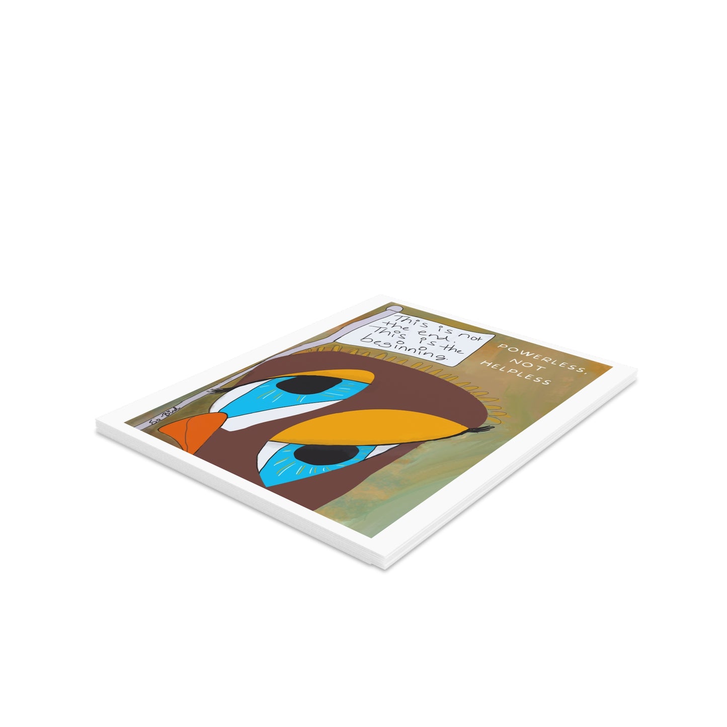 Printify's "Greeting Cards Set - Powerless, not helpless" features vibrant abstract owl artwork with blue teardrop accents and the uplifting message "Sometimes you feel helpless." Available in sets of 8, 16, or 24 cards.