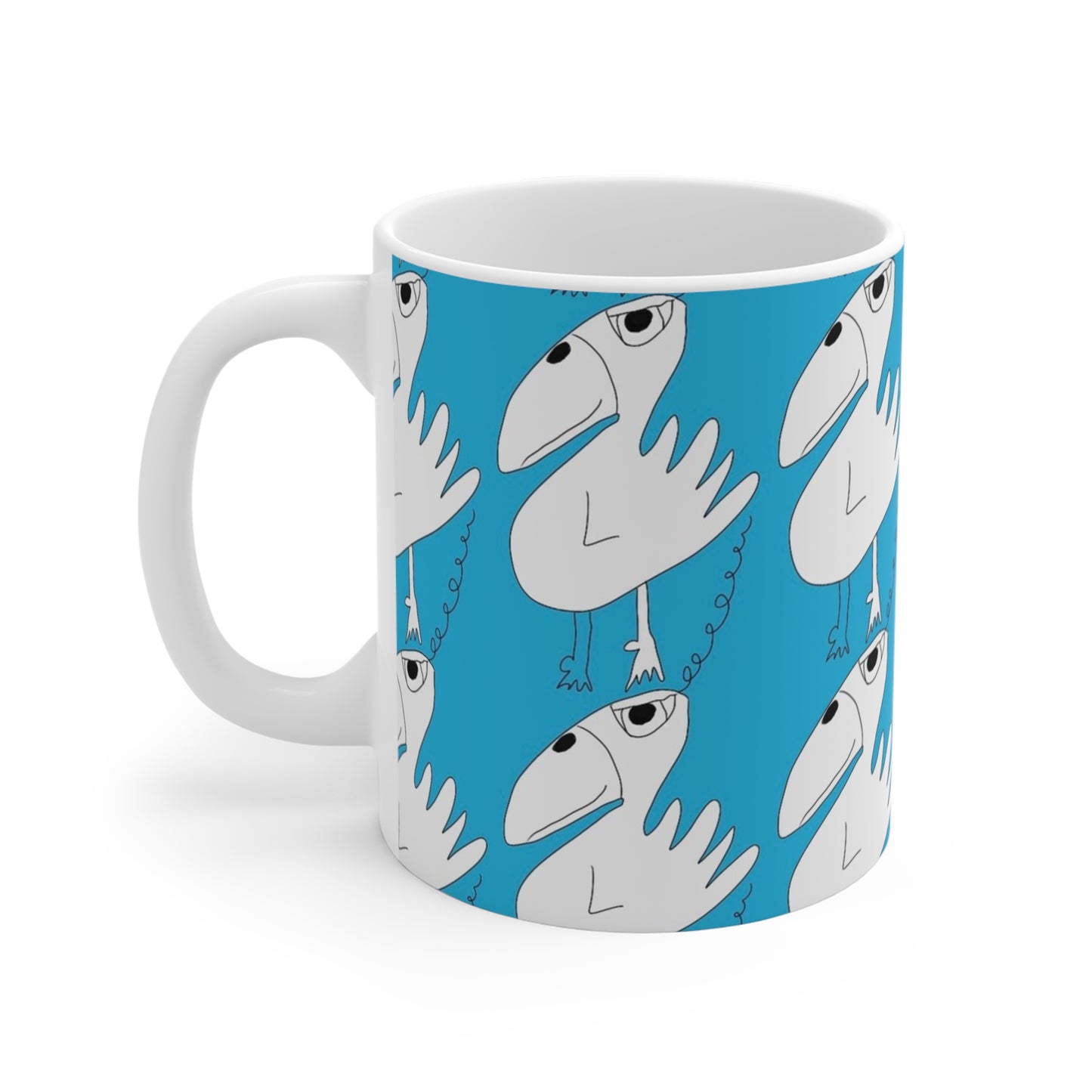 The Printify One Among Many Mug (11oz) is a charming white ceramic cup with a blue background, decorated with whimsical cartoon birds featuring large beaks and expressive eyes.
