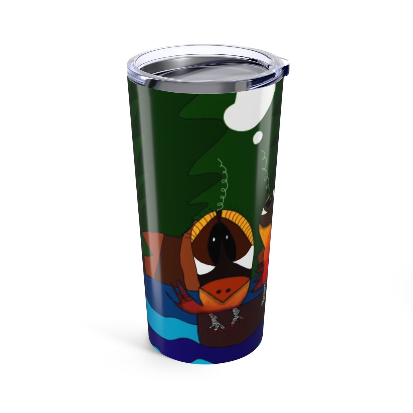 Printify’s Made a Decision - 20 oz Tumbler features a vibrant cartoon bee relaxing by a riverside with trees and a thought bubble above its head, all on durable stainless steel.