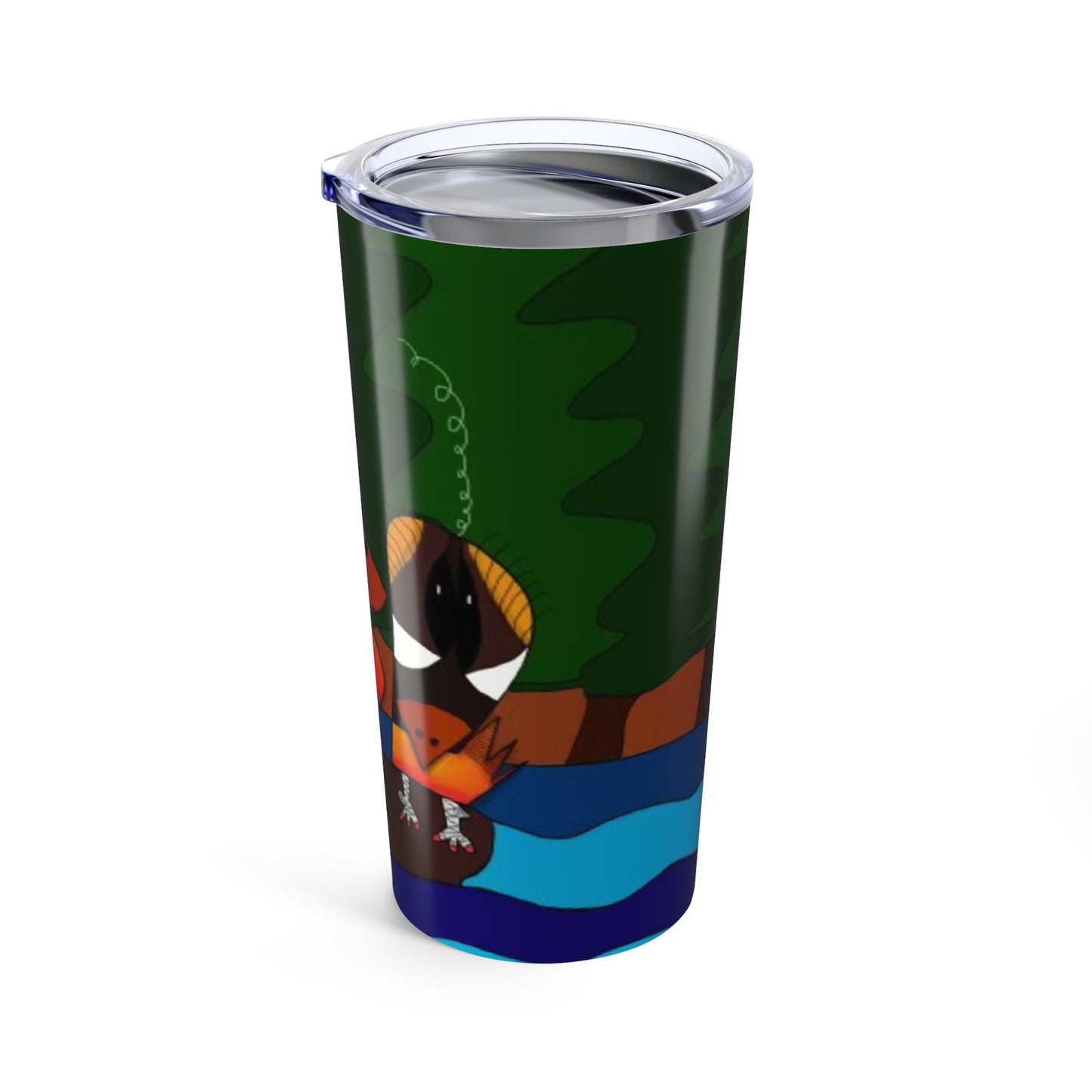 The "Made a Decision" 20 oz tumbler by Printify features vacuum insulation and a cute cartoon raccoon fishing beside a blue river with green trees in the background.