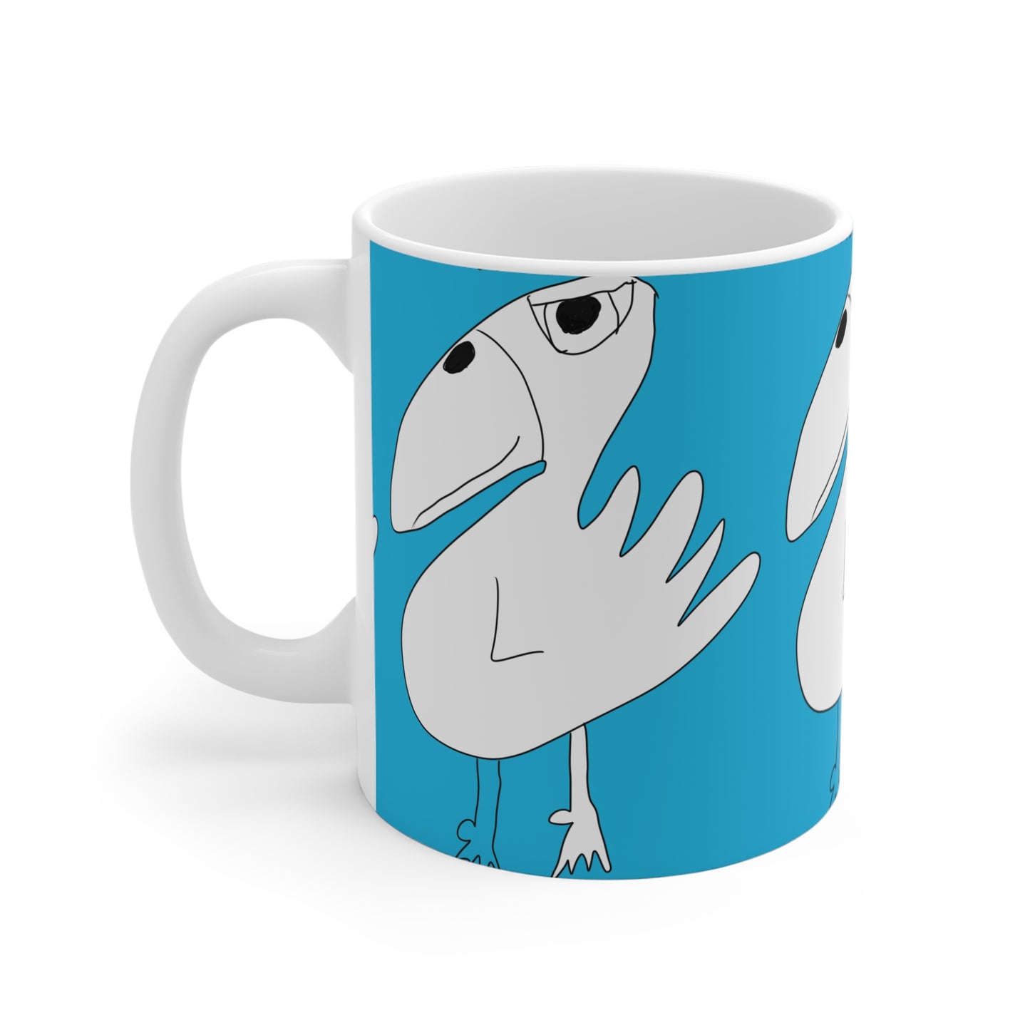 The Printify 1:1 - Mug - 11oz is a white ceramic mug with a playful cartoon bird on a bright blue background—an uplifting gift for sobriety or recovery to bring cheer to any day.