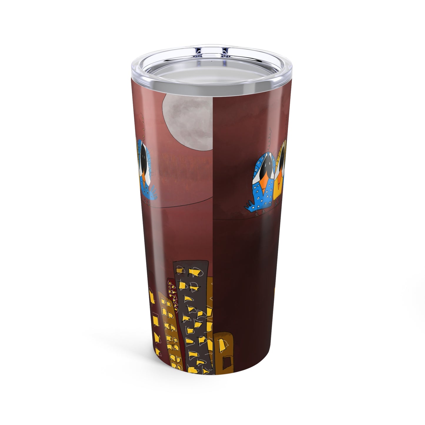 Enjoy your drinks on the go with the Printify Three Birds On A Wire 20oz Tumbler, featuring a sleek design with three birds silhouetted on a wire against a night cityscape with glowing windows and a full moon.