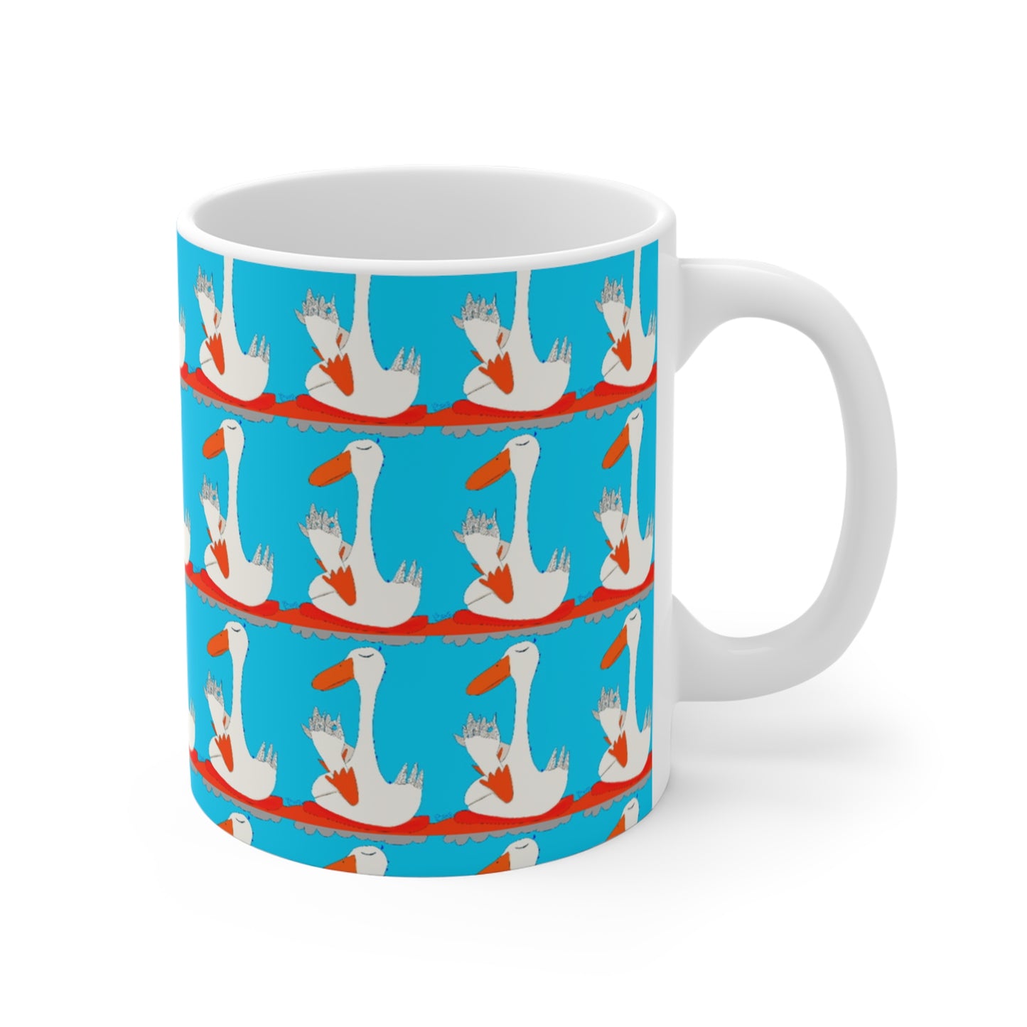 The Many Ducks Mug by Printify features a playful pattern of cartoon ducks with silver crowns and orange carrots on a bright blue background. This 11oz mug makes a cheerful sobriety gift for any occasion.