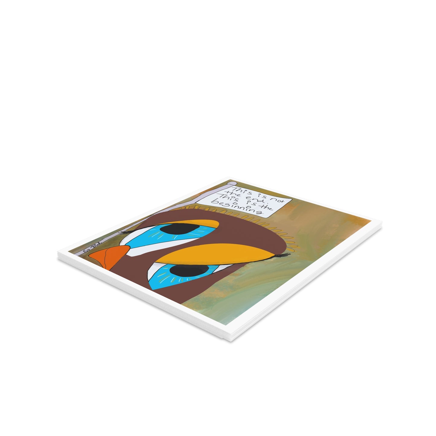 Printify’s “Greeting Cards - Blank inside - Surrender, Step One, This is Not the End, This is the Beginning” set of 24 features a vibrant owl on a green-brown background with a text box above—perfect for sending positive messages.