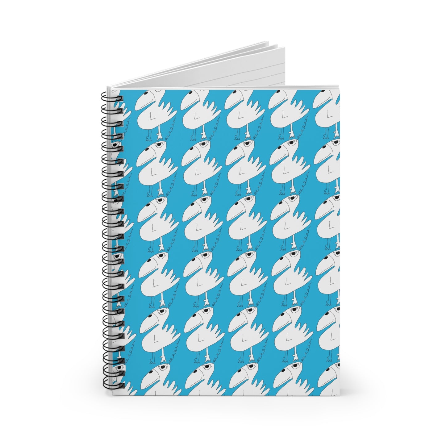 The "One among many - Spiral Notebook - Ruled Line" by Printify features a durable blue cover with white cartoon birds wearing blue crowns, all facing left. Inside, ruled line pages offer ample space for notes and ideas.