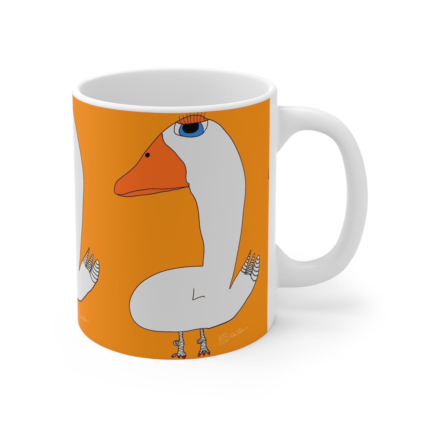 The Duck Mug - 11oz by Printify showcases a cartoon white goose with big eyelashes and an orange beak on a vibrant orange background—an ideal recovery coffee mug or gift for someone embracing a sober lifestyle.