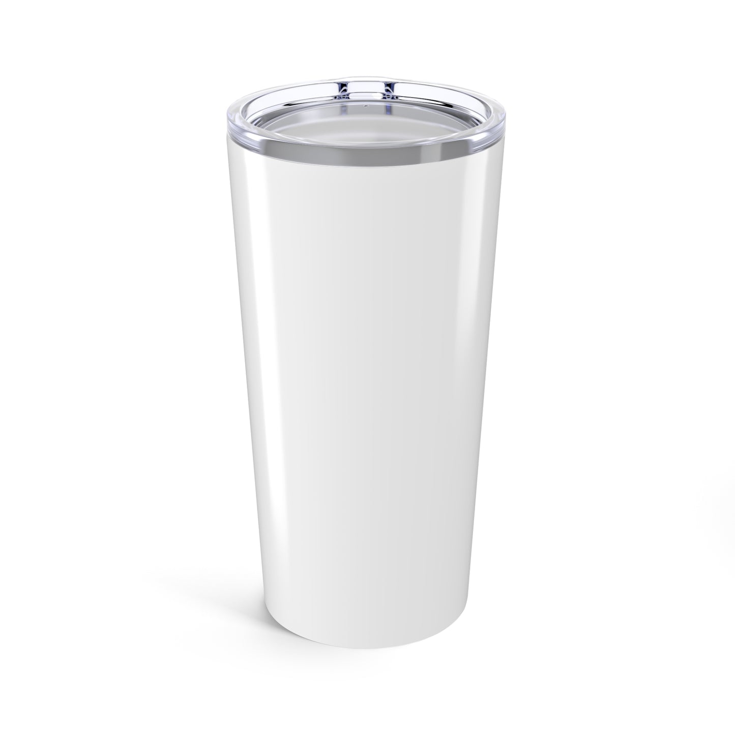 The Recovery Celebration - 20 oz Tumbler by Printify is a tall, white stainless steel tumbler with double-wall insulation and a clear plastic lid, displayed on a plain white background.