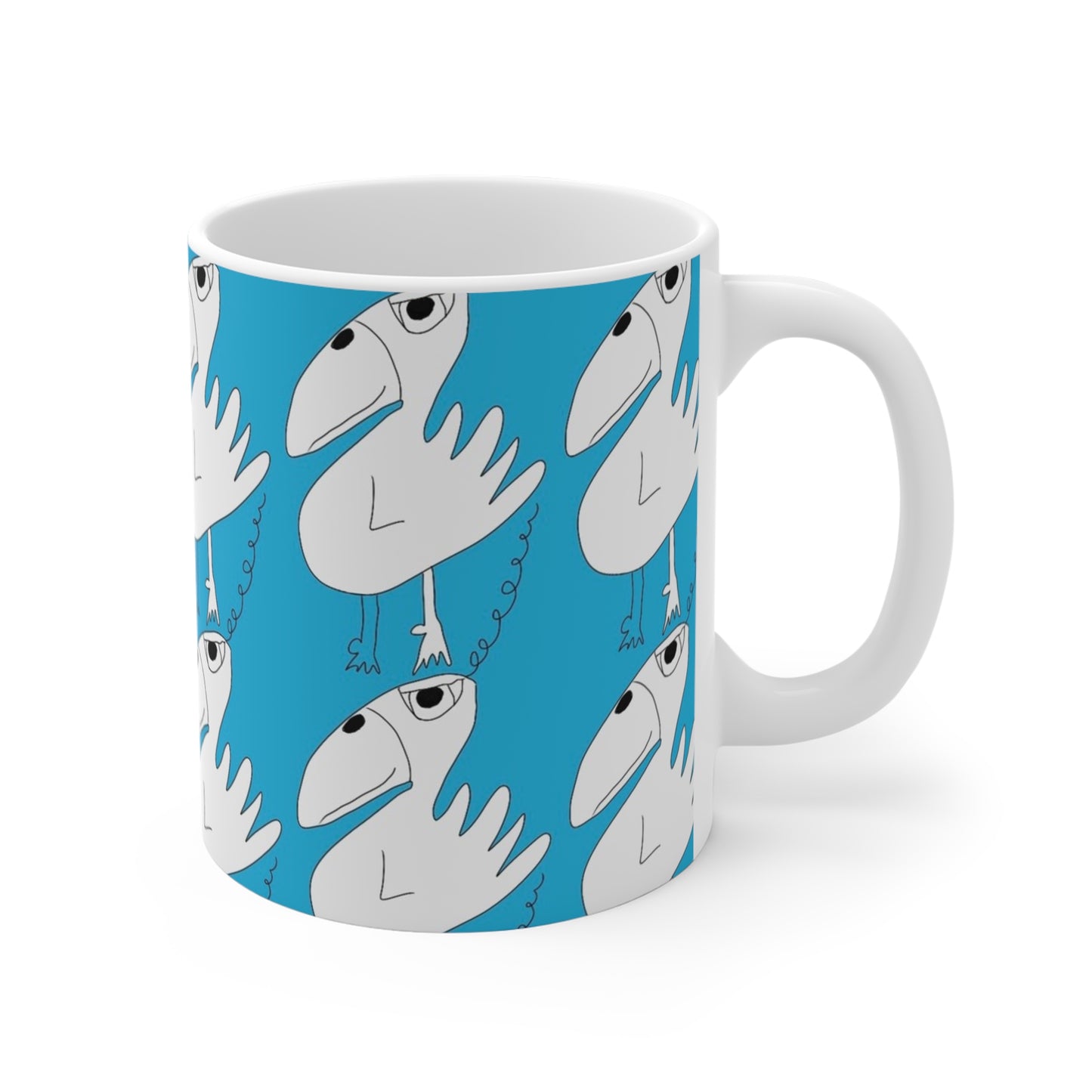 The One Among Many Mug (11oz) by Printify is a white ceramic coffee cup with quirky cartoon-style white birds and big eyes on a bright blue background—perfect for adding fun to your mornings.