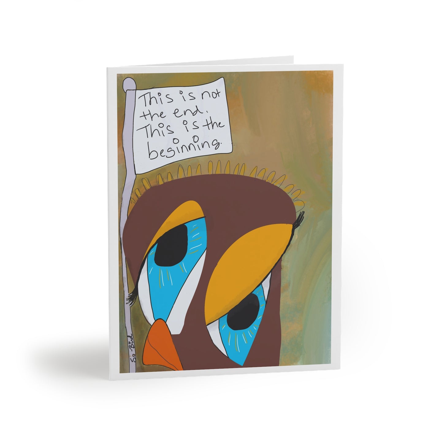 Printify’s set of 24 greeting cards, “Surrender, Step One, This is Not the End, This is the Beginning,” features abstract birds with blue eyes and hopeful sayings in muted green and brown tones. Blank inside for your message.