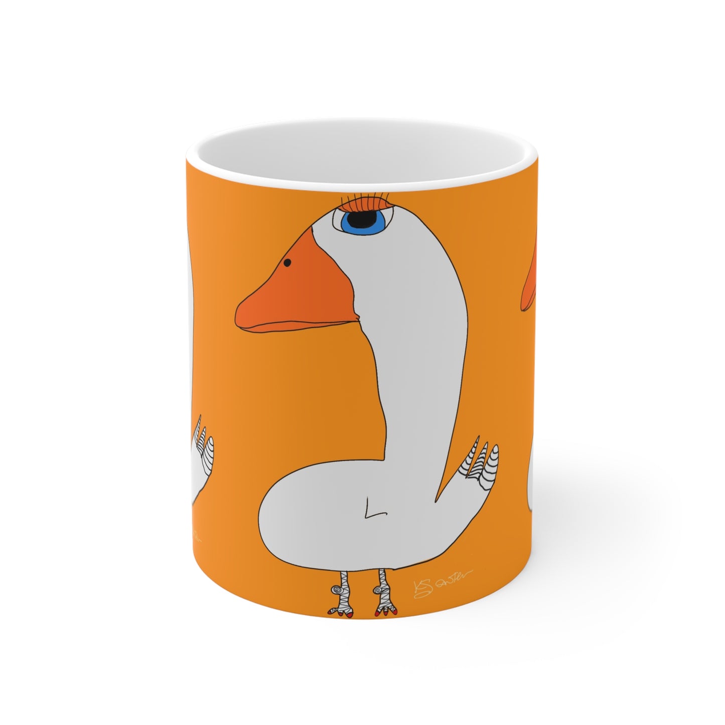 The Duck Mug - 11oz by Printify features a minimalist cartoon-style white goose with orange beak and feet on a solid orange background—perfect as a fun sobriety gift for anyone embracing the sober lifestyle.