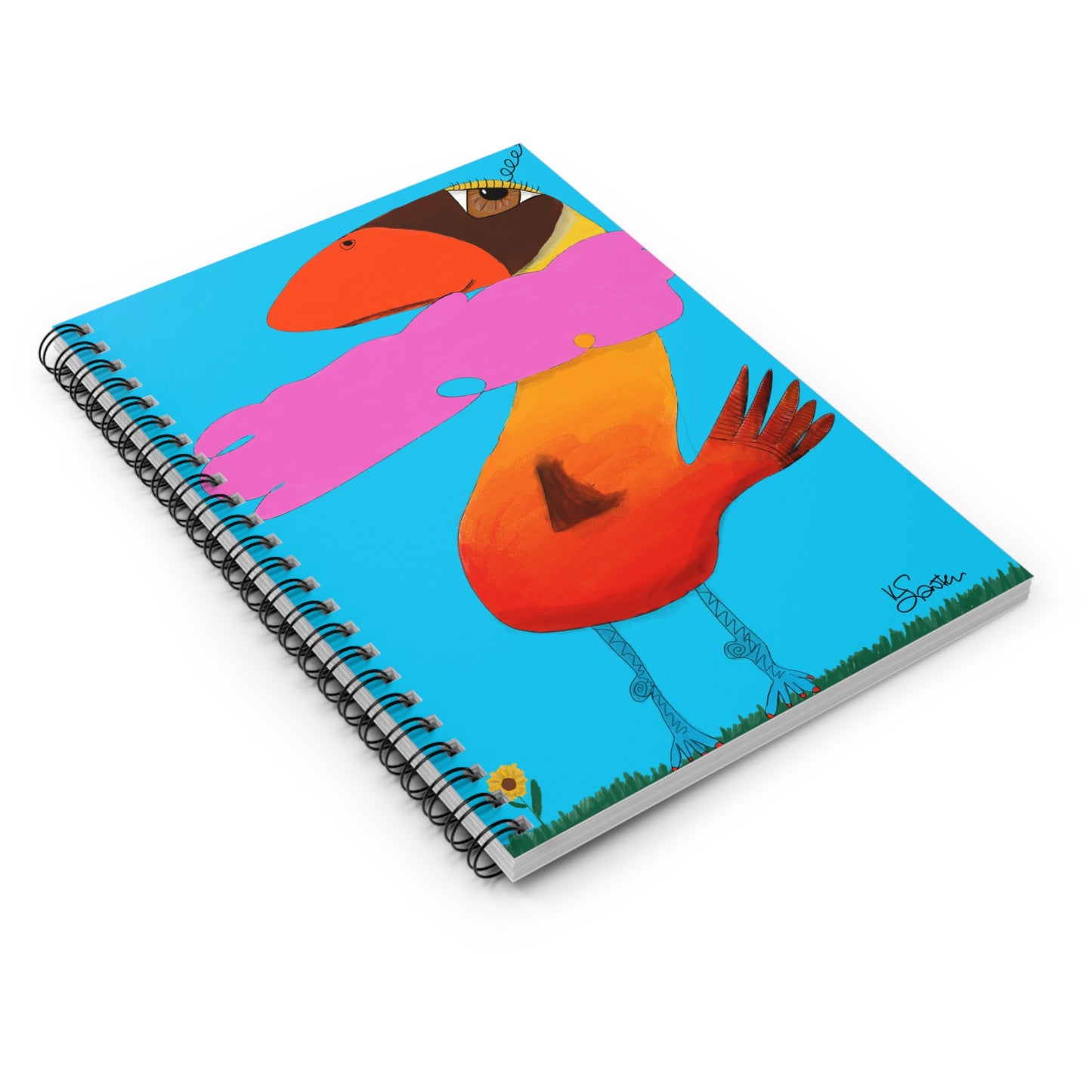 The Printify Spiral Notebook - Pink Cloud Recovery Journal Ruled Line features a vibrant cover with an orange and red bird in a pink scarf on green grass against a blue background, finished with the artist’s signature in the bottom right.