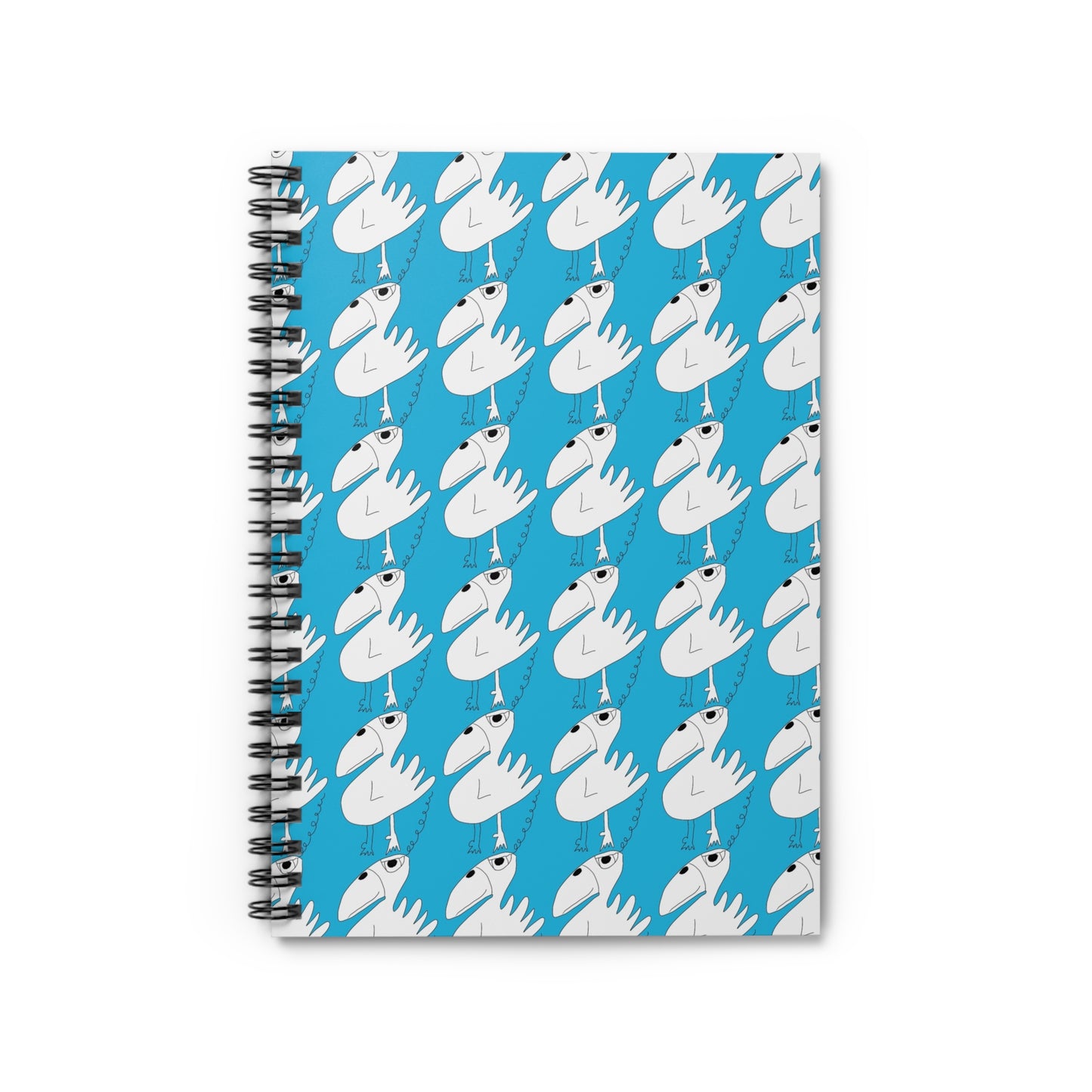The One among many - Spiral Notebook - Ruled Line by Printify features a durable printed blue cover with a pattern of stylized white birds with black beaks and eyes, plus ruled line paper for neat writing.