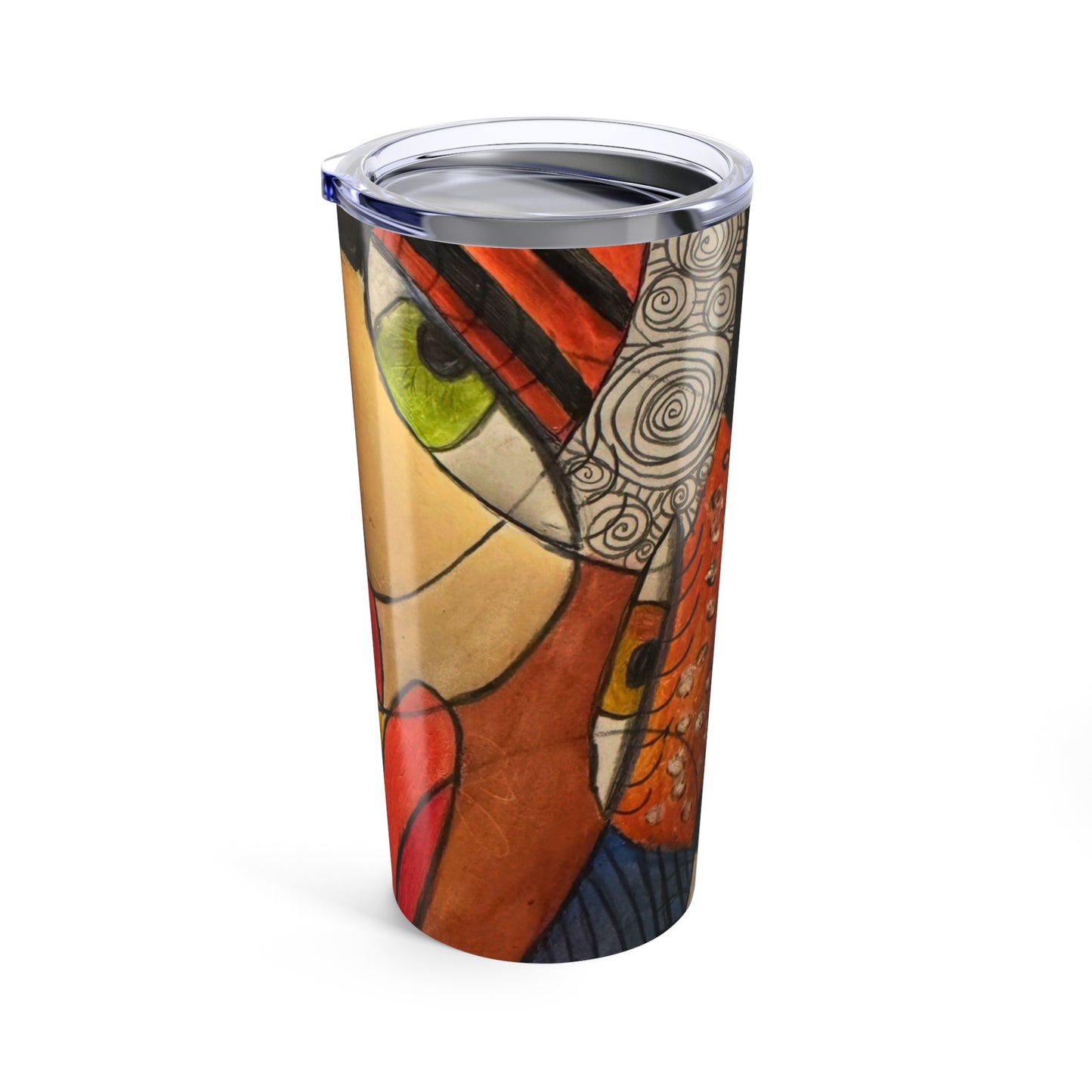 The Printify "It's a WE thing" 20oz tumbler features abstract face art with a green eye, red-orange tones, black and white swirls, and an orange leaf-like design; made from durable stainless steel.