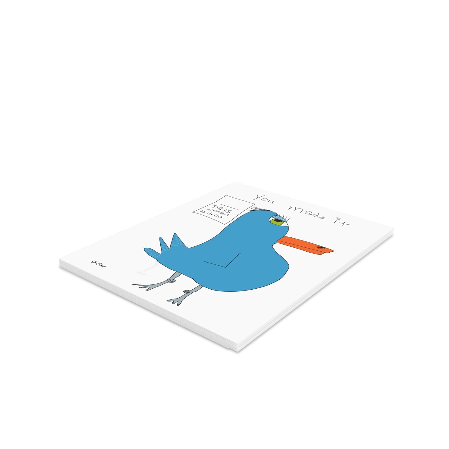 The Greeting Cards Recovery Celebration by Printify features a white cover with a cartoon blue bird, orange beak, and the words "You made it." A small box says "nice work." Great for greeting card fans, it lies flat on a white surface.