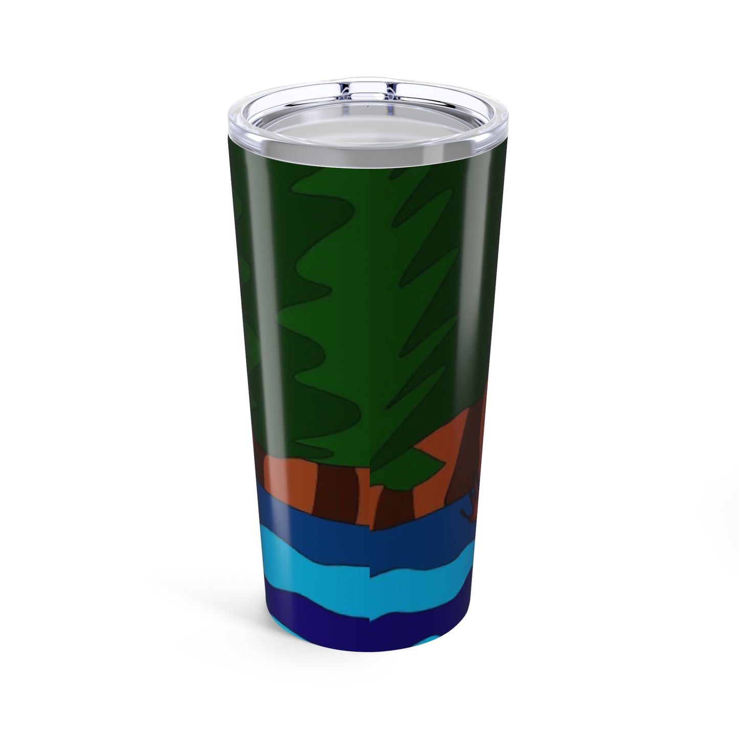 The Made a Decision 20oz stainless steel tumbler by Printify features a vivid, stylized landscape with tall green trees, brown ground, and blue water in a simple, bold design.