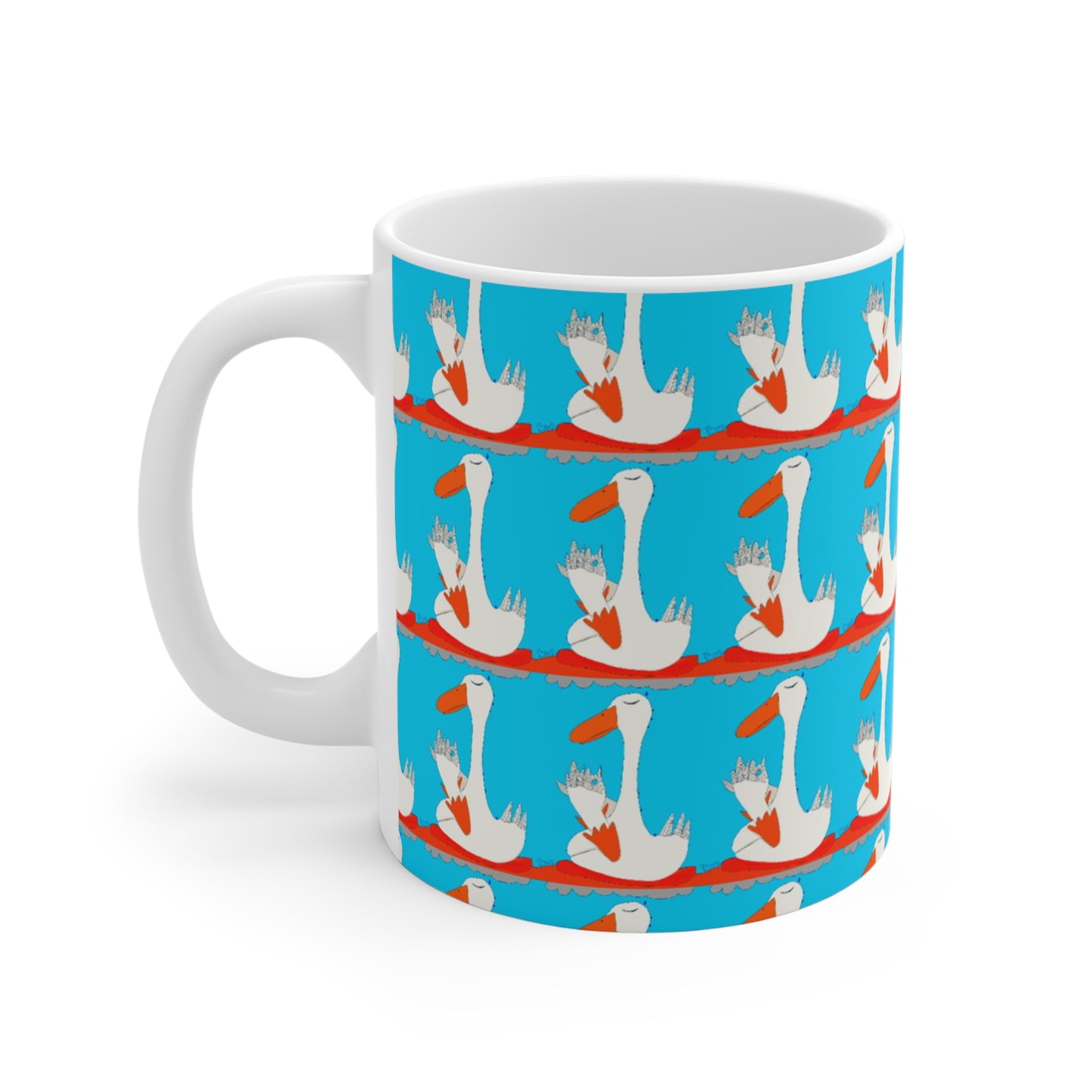 The Many Ducks Mug - 11oz by Printify features a white ceramic design with a playful pattern of cartoon ducks. It's a cheerful coffee mug, perfect for mindful moments or as a unique gift for any occasion.