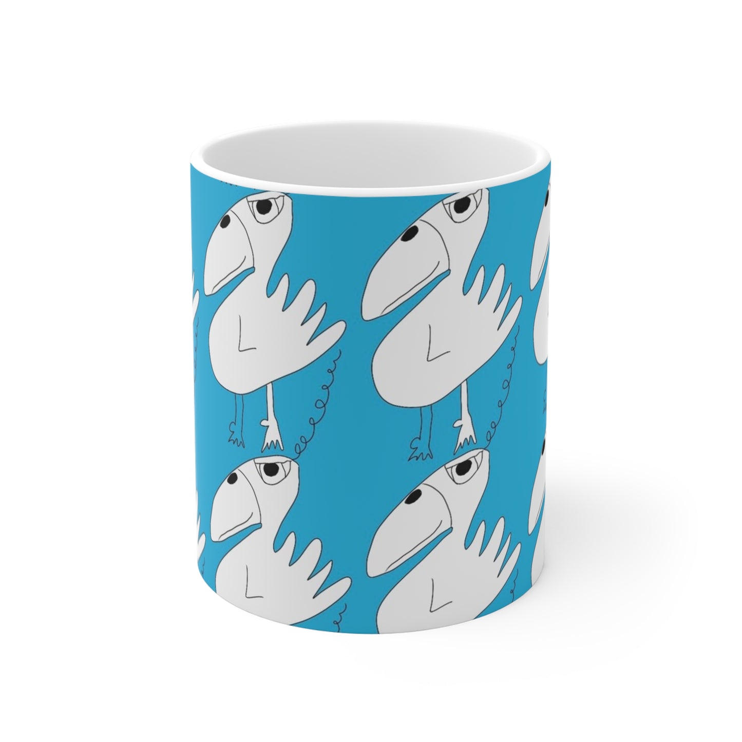 The One Among Many Mug - 11oz by Printify is a white ceramic cup with a blue background, adorned with playful, abstract cartoon birds featuring large beaks, small wings, and curly legs in a whimsical repeating pattern.