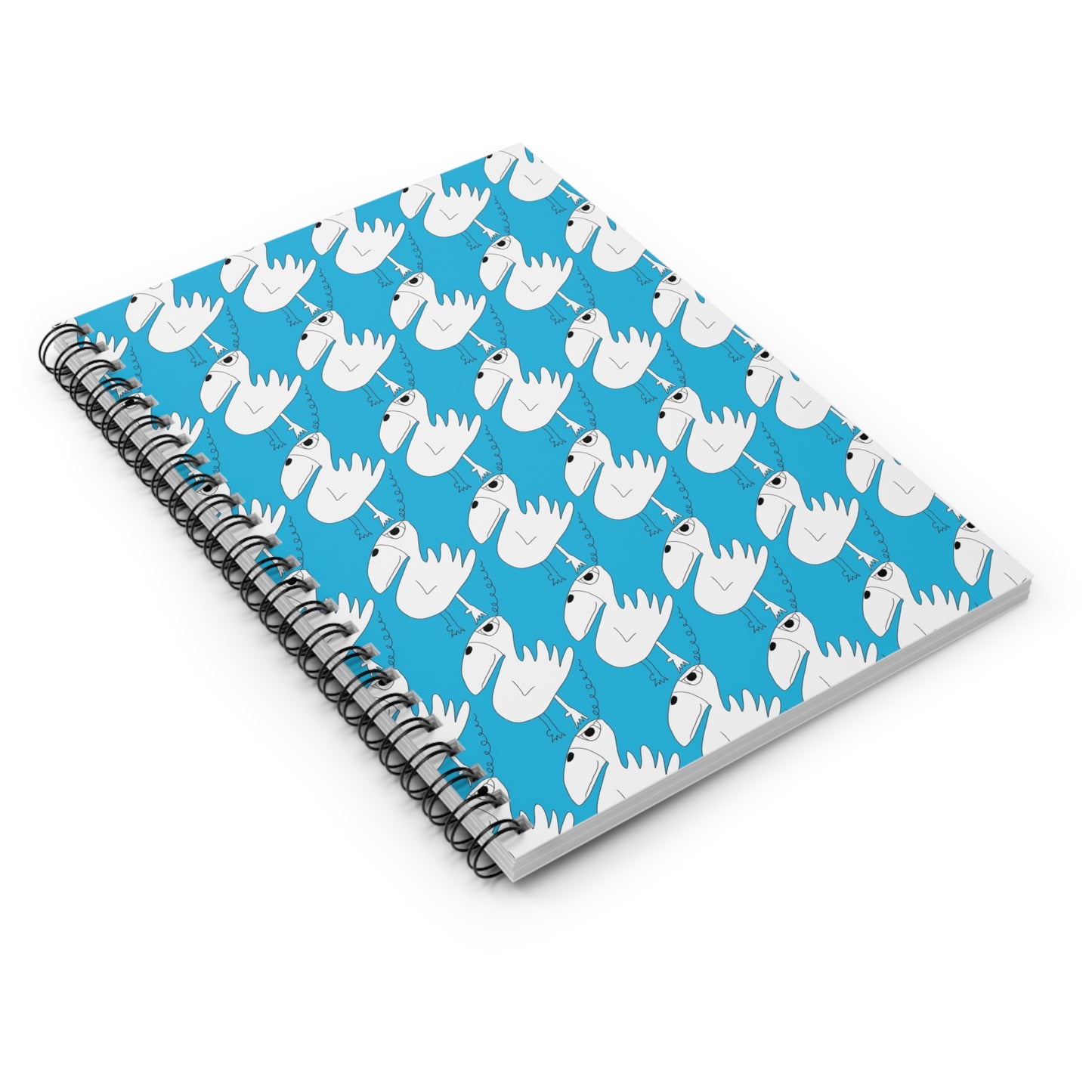 The "One among many - Spiral Notebook - Ruled Line" by Printify features a durable blue cover with a repeating cartoon white birds-in-glasses pattern and ruled line paper inside for your notes and ideas.