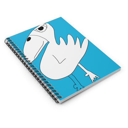 The Printify 1:1 Spiraled Notebook- Ruled Line features a blue cover with a cartoon-style white bird (large beak, one eye, outstretched wings). Sized 6x8 inches, it's perfect for notes or sketches.