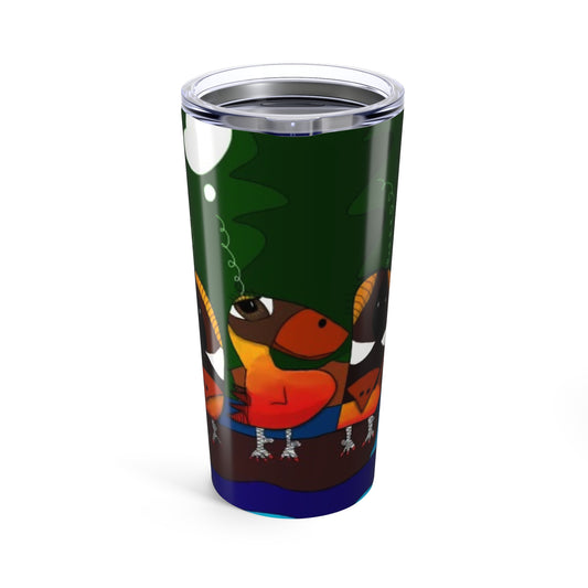 The Made a Decision - 20 oz Tumbler by Printify features a vibrant, abstract bird design in orange, red, and yellow on a dark green background with tree shapes and a small white circle in the top left. Vacuum insulated to keep drinks hot or cold.