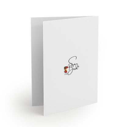 A 'We' Thing Friends in Recovery blank greeting card from Printify stands open, featuring an elegant design on the front.