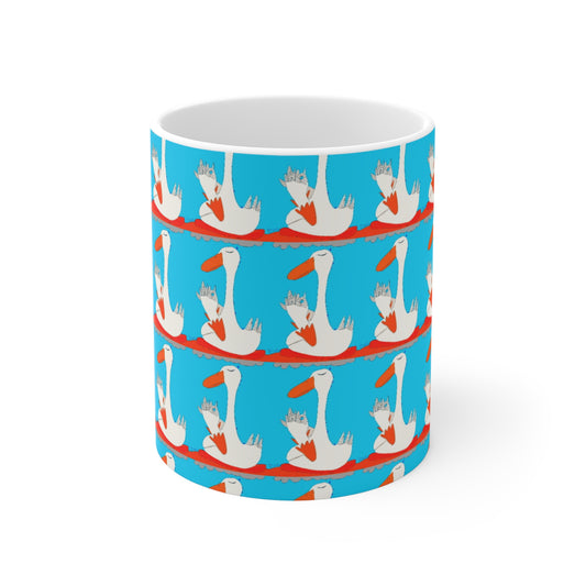 The Printify Many Ducks Mug - 11oz features a white ceramic design with cartoon ducks in blue crowns holding red hearts, all set against a bright blue background.