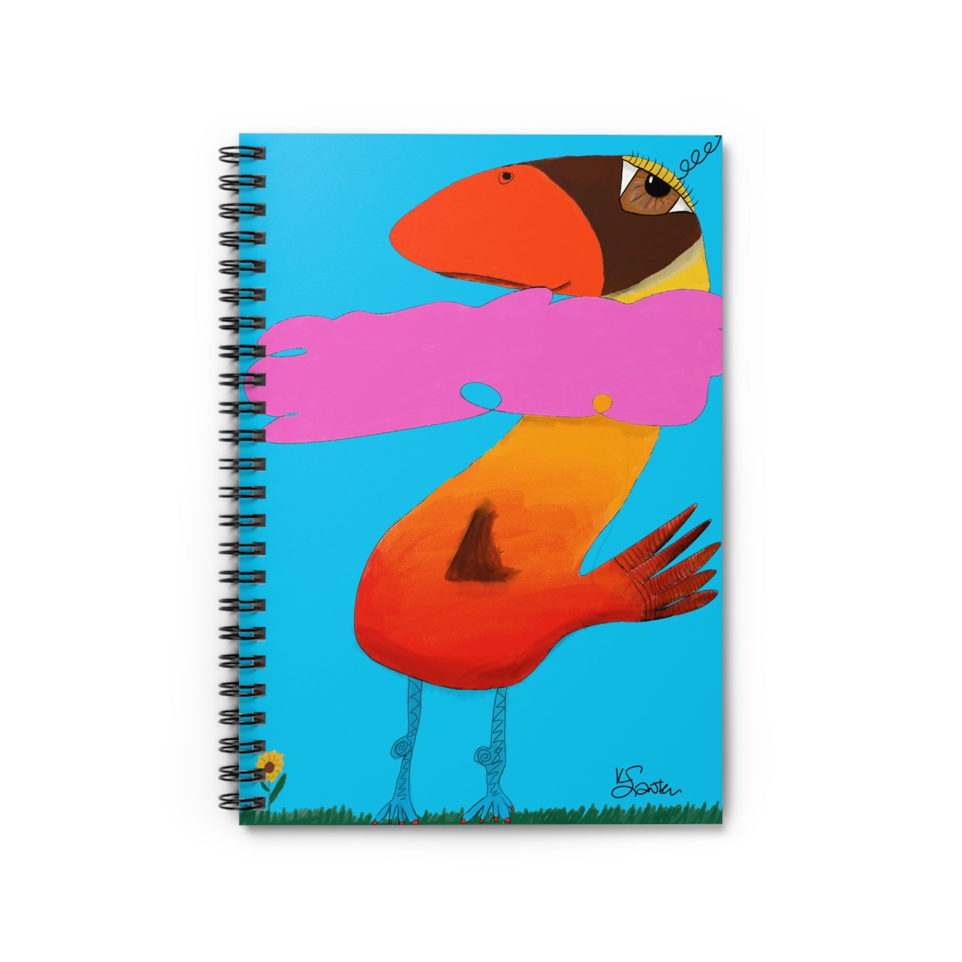 The Spiral Notebook - Pink Cloud Recovery Journal Ruled Line by Printify features an abstract bird with an orange body and pink wing, making it a perfect inspirational journal for anyone newly sober.