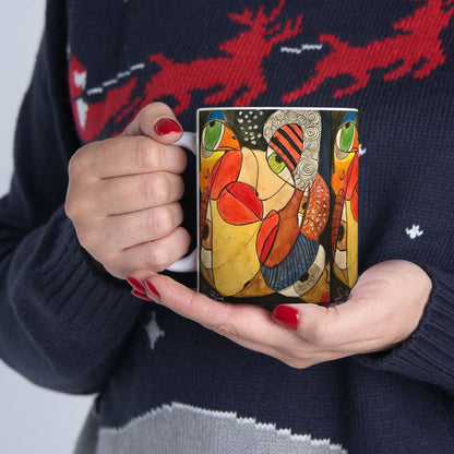 A person with red-painted nails holds the Printify Ceramic Mug - It's a WE thing Recovery and Sober Gift, wearing a dark sweater with red reindeer and white snowflake patterns while enjoying their morning coffee.