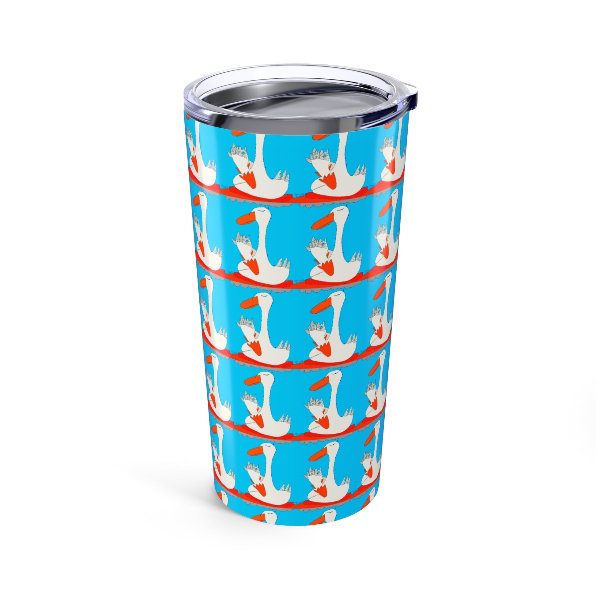 The Printify Many Ducks 20oz Tumbler features a vacuum-insulated stainless steel design with cartoon white geese in blue party hats and red balloons on a bright blue background. Includes a clear plastic lid.