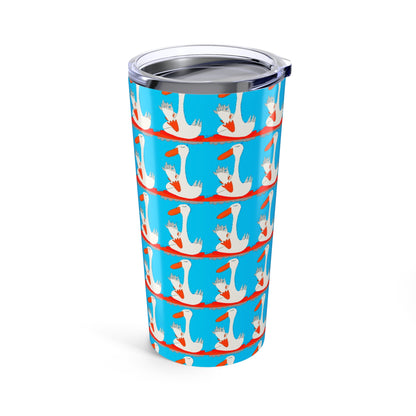 The Printify Many Ducks 20oz Tumbler features a vacuum-insulated stainless steel design with cartoon white geese in blue party hats and red balloons on a bright blue background. Includes a clear plastic lid.